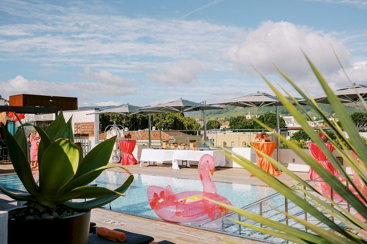 A rooftop pool with inflatable flamingos is surrounded by plants and lounge chairs, set against a backdrop of mountains and a blue sky.