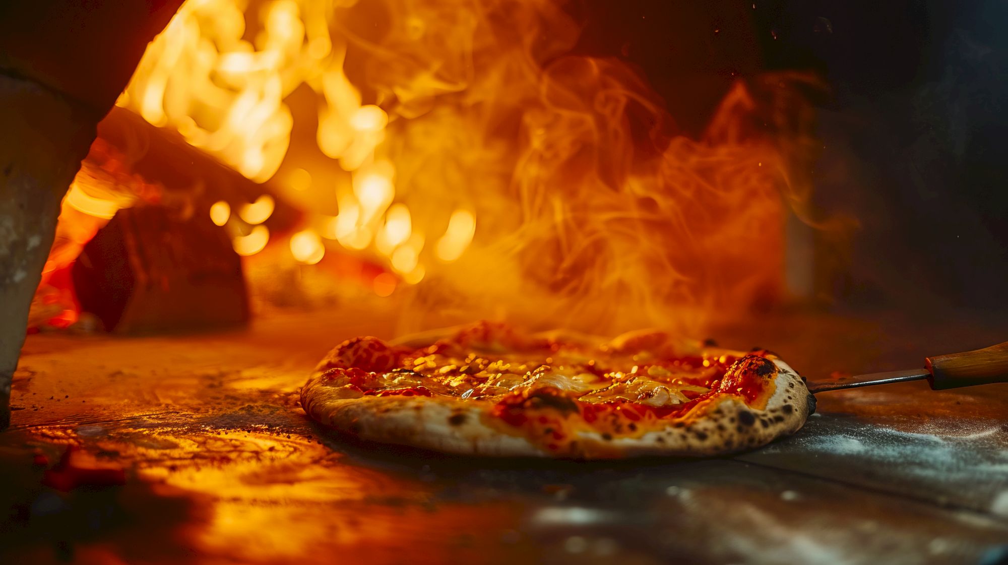 A pizza being cooked in a wood-fired oven, with flames visible in the background, creating a fiery ambiance.